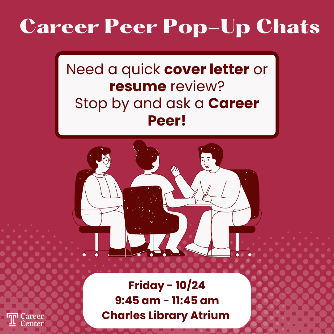 Resume Review Pop-Up, Friday, October 24th 2025, 9:45 am - 11:45 am in the Charles Library - Atrium/Lobby