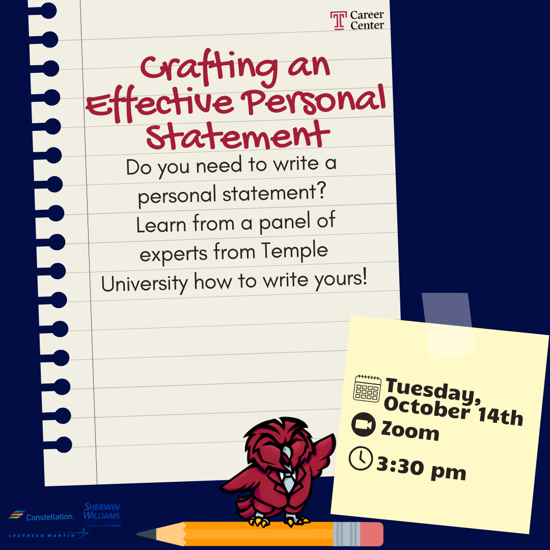 Promotional graphic for a Temple University personal statement event with a notebook page and cartoon owl.