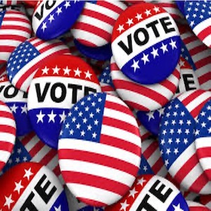 image of a group of buutons that say vote and have an american flag print