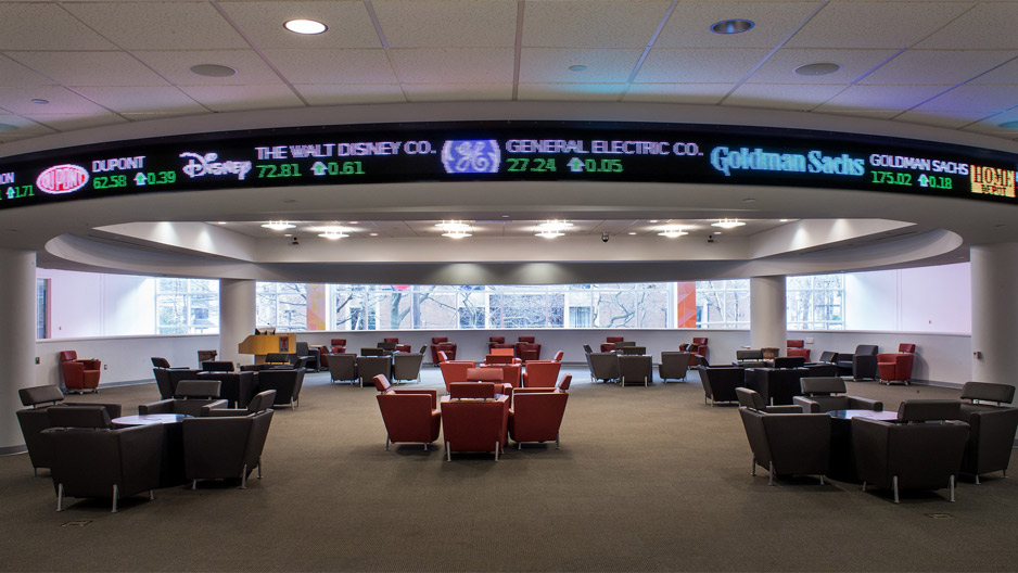 stock ticker inside Alter Hall at Temple University