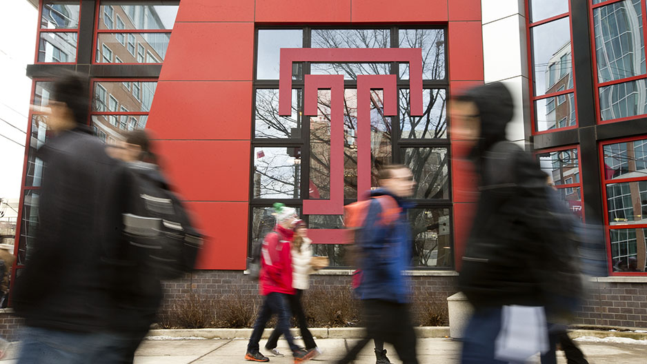 Students walking in front of a Temple T .