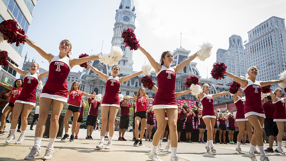Temple cheerleaders at Philadelphia City Hall.