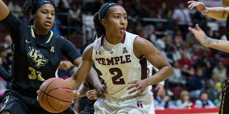 A Temple women s basketball player dribbling the basketball.