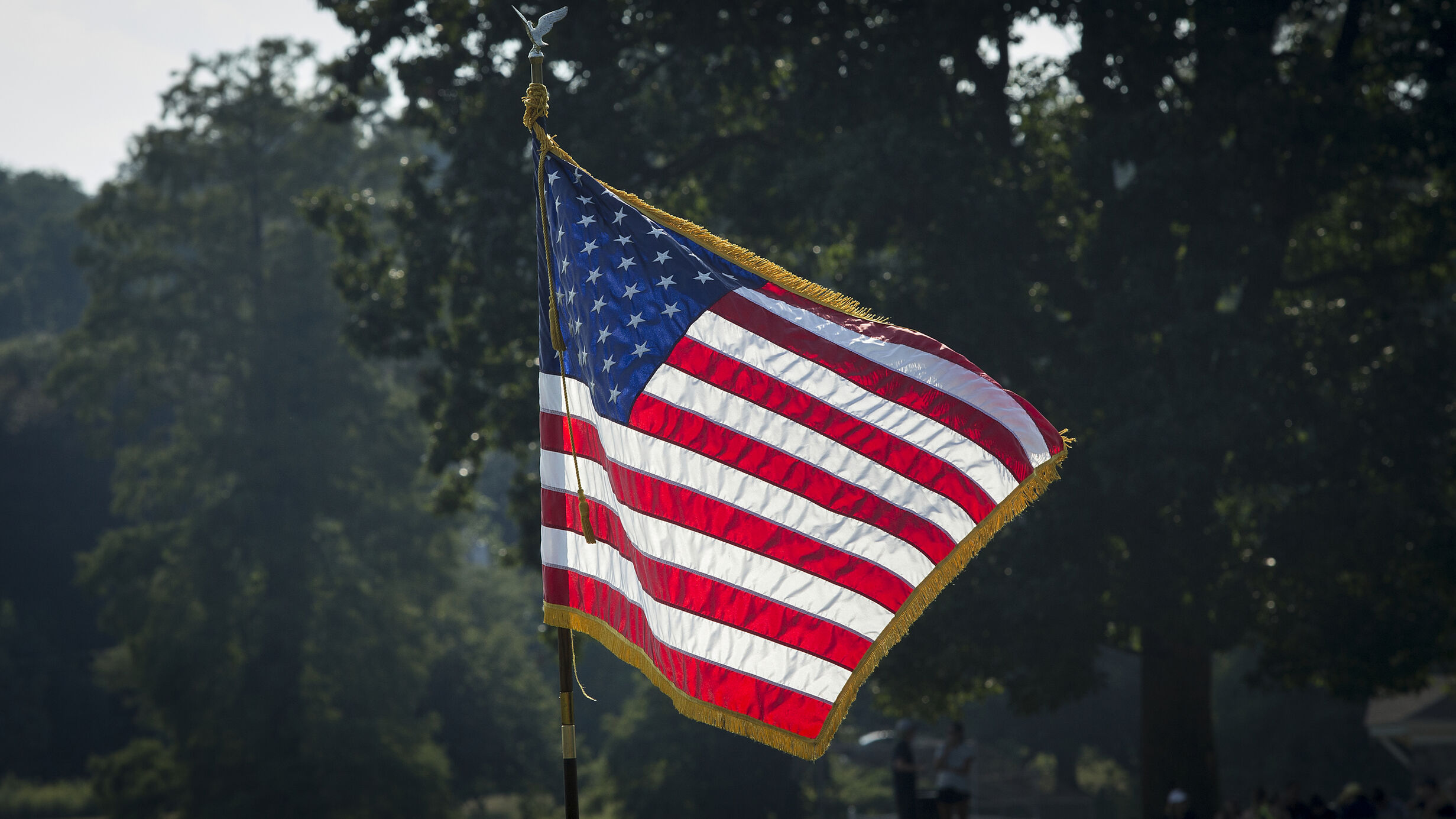 The American flag outside near trees