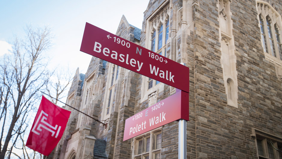 new signs marking Pollett Walk and Beasley Walk on Temple s campus