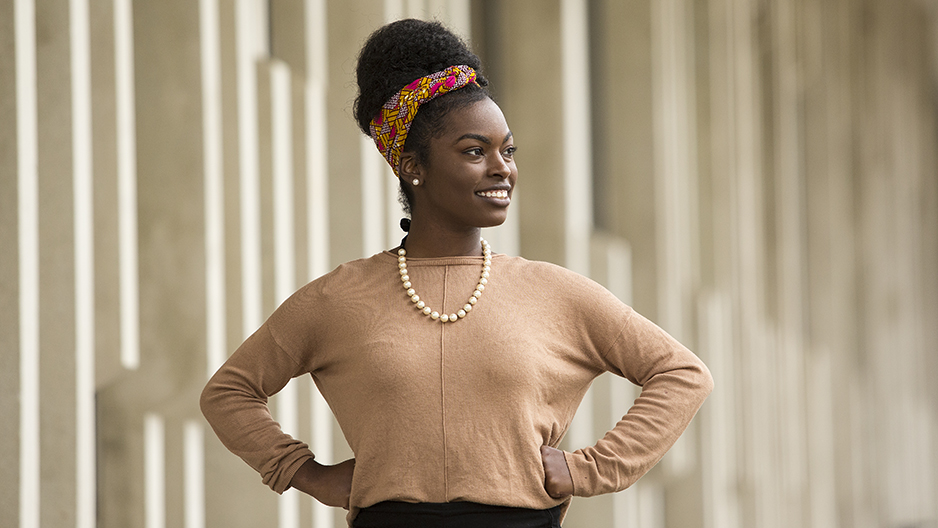 Nahla Ward standing and smiling on Temple's campus