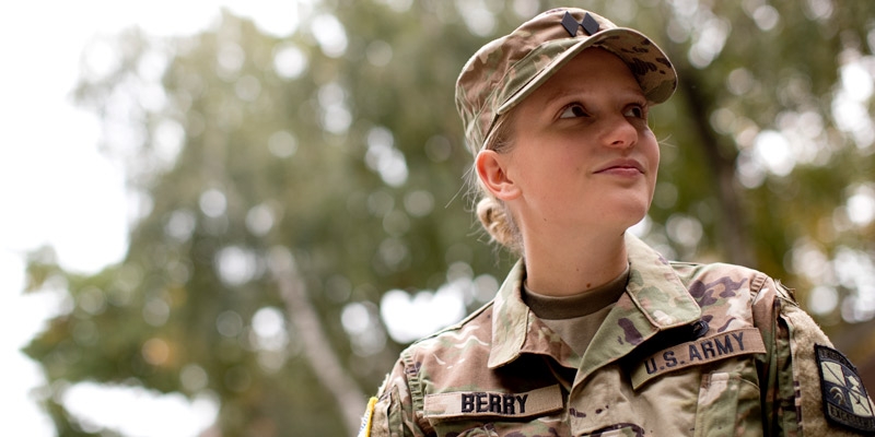 Katherine Berry wearing her Army ROTC uniform on campus