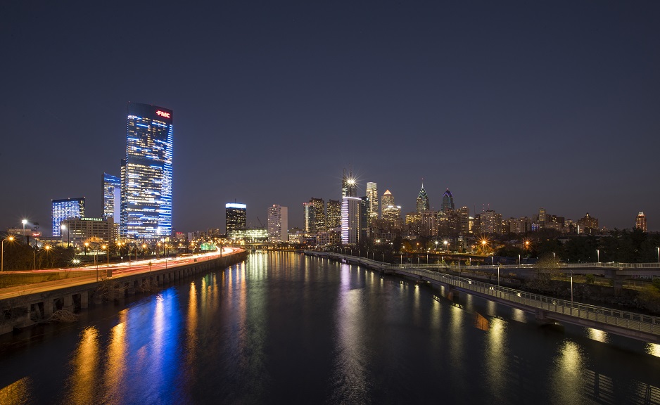 The Philadelphia skyline at night.