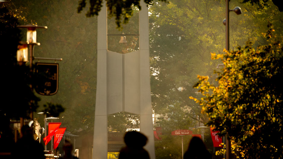 students walking by Temple Bell Tower