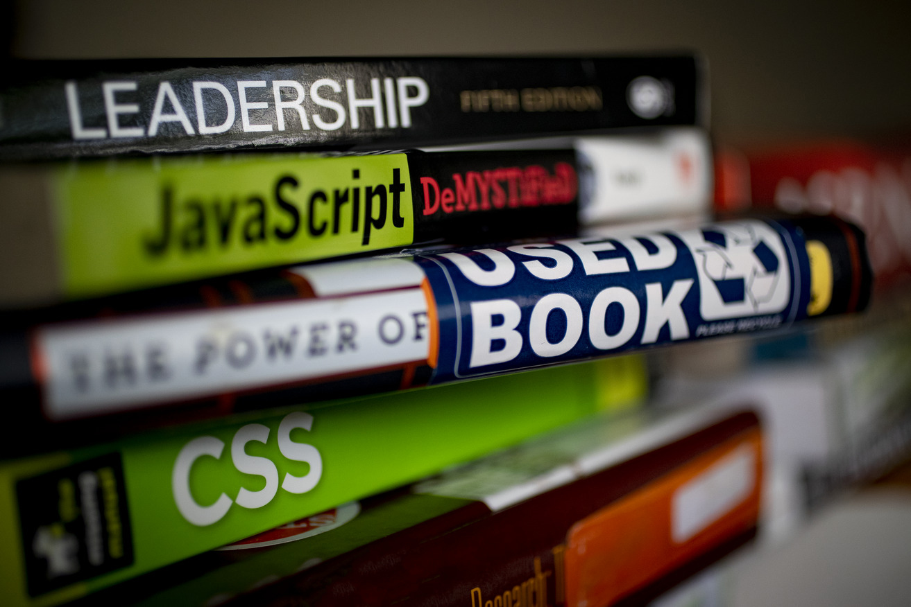a stack of textbooks