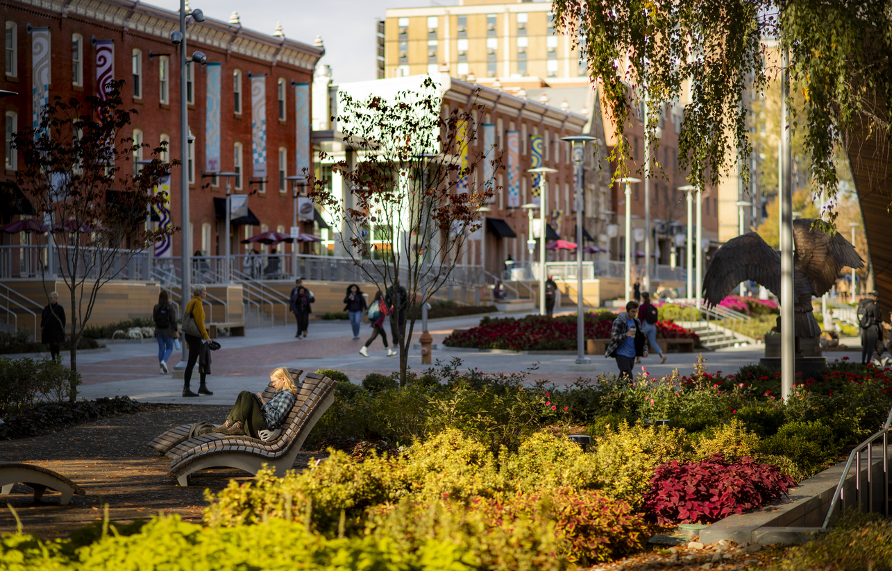 Students along O'Connor Plaza and Liacouras Walk