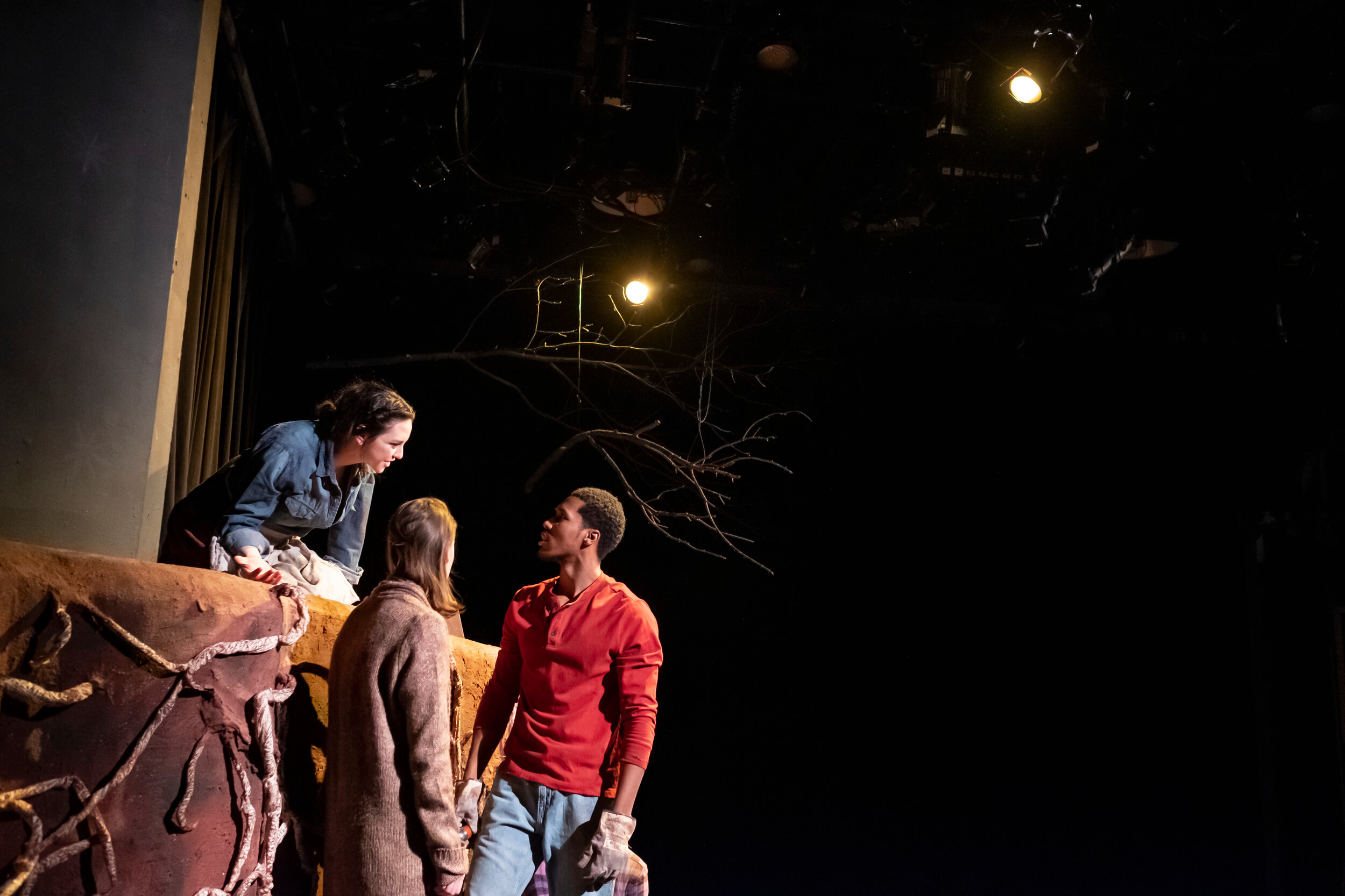 Three MFA students act out a scene from 'Somewhere,' a new play commissioned by Temple Theaters.