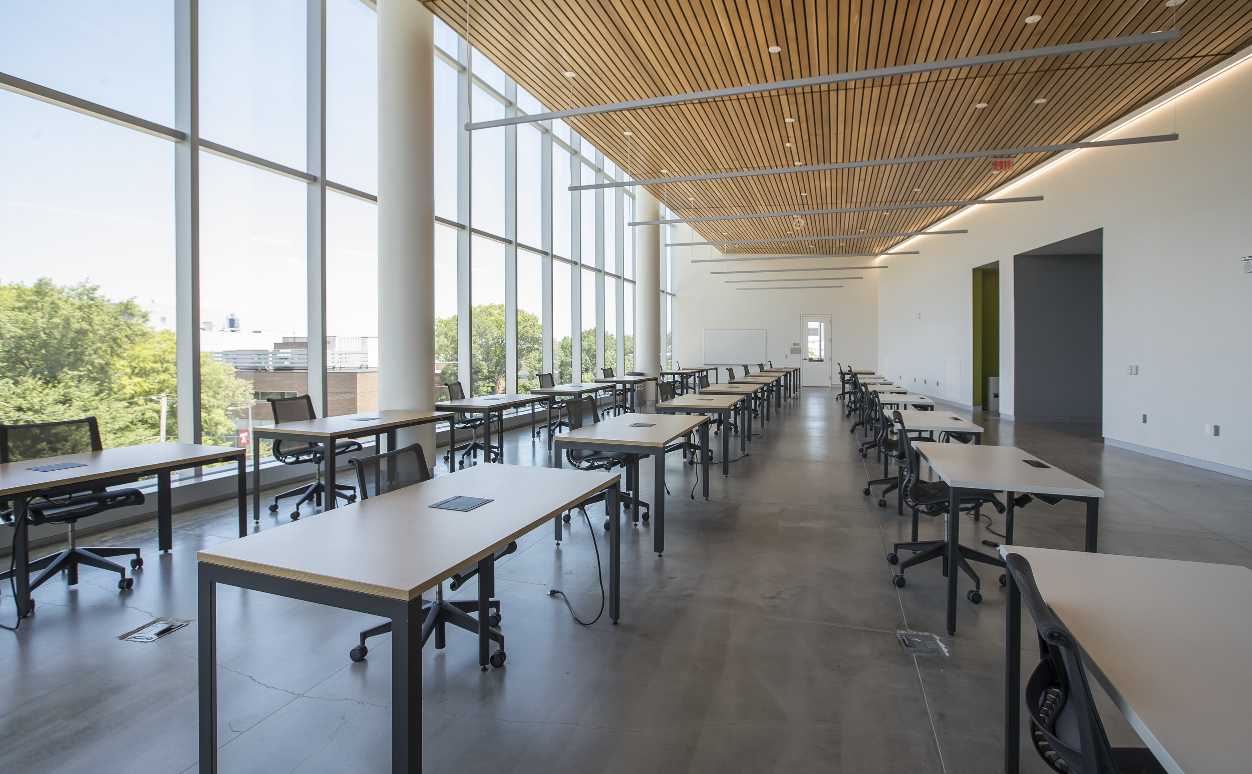 A classroom in Charles Library set up for physically distanced learning