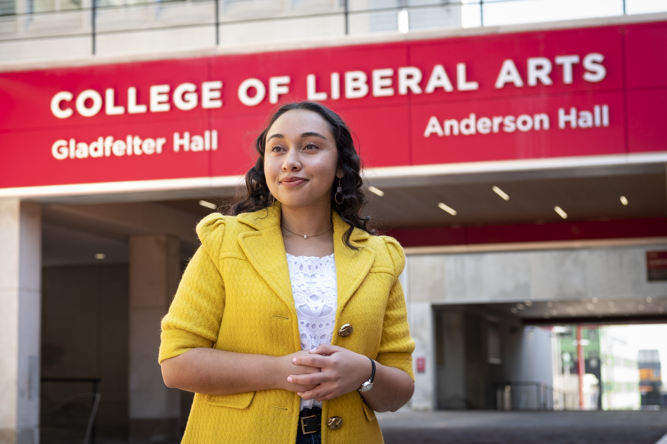 Image of Paige Hill outside of College of Liberal Arts at Temple