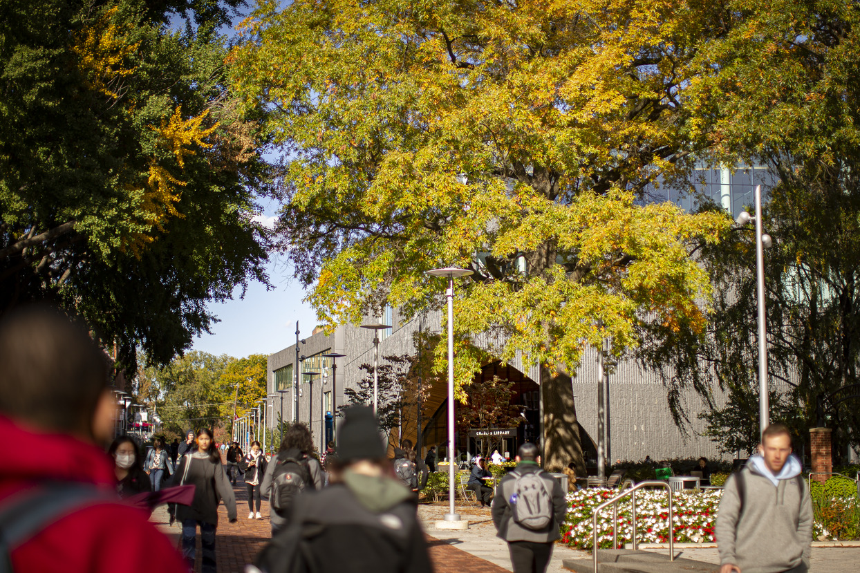 A fall campus stock scene with students walking.