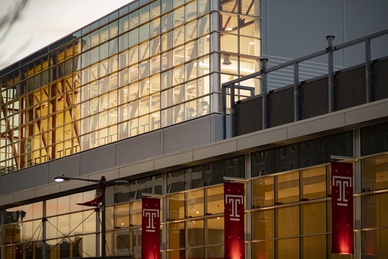 Image of a building with Temple flags.
