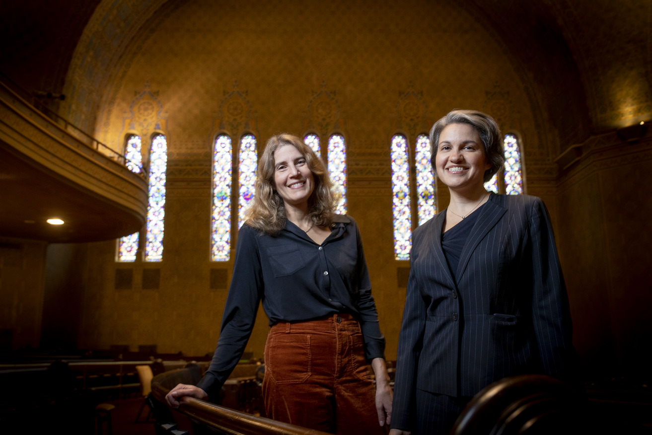 Lila Corwin Berman and Rabbi Jill Maderer inside Rodeph Shalom.