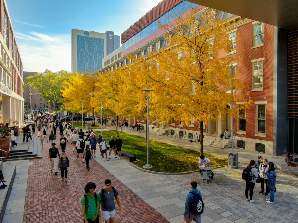 Fall campus scene with changing leaves.