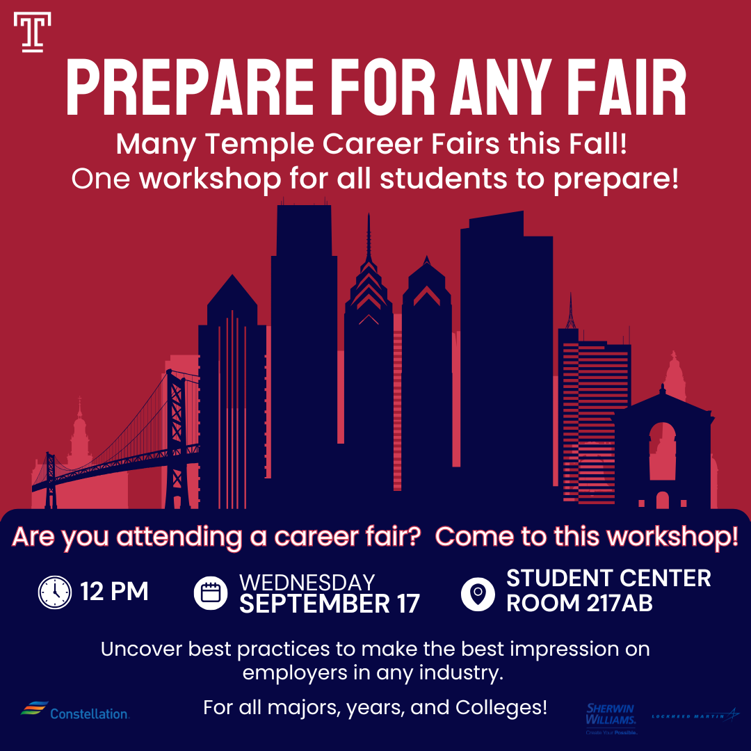 Graphic promoting Prepare for Any Fair with details of event date, time, location over the Philadelphia skyline.