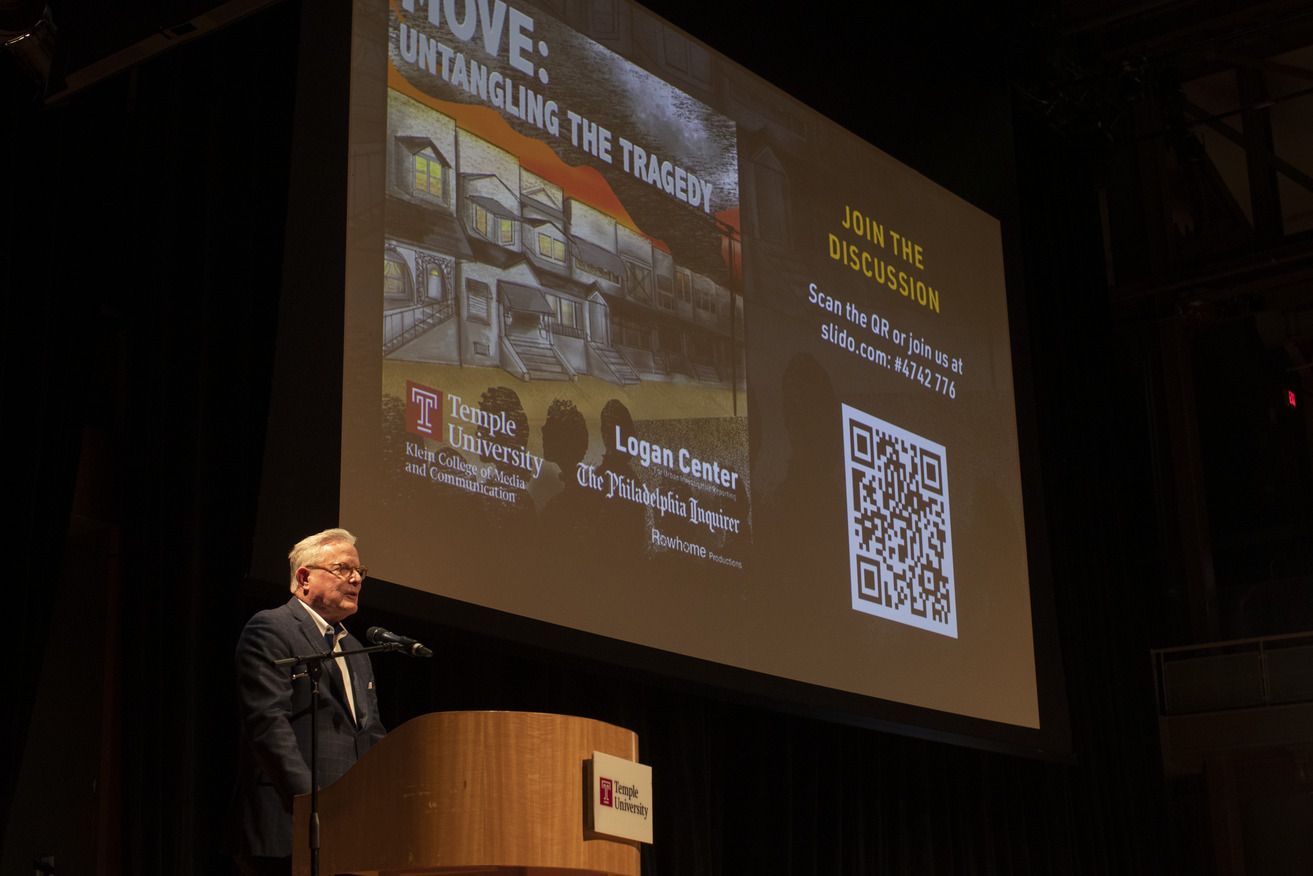 Image of Dean David Boardman delivering remarks at the podcast launch event.
