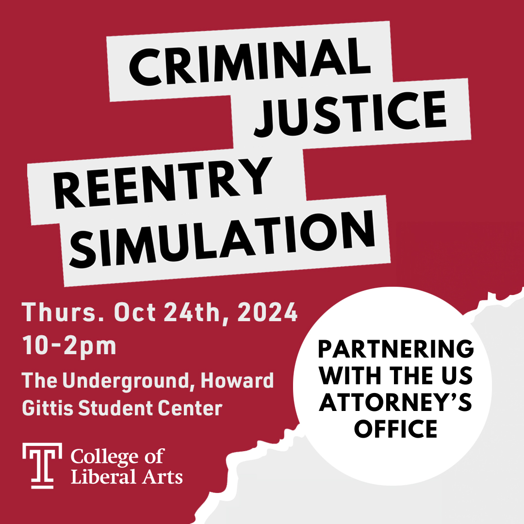 red and white poster with criminal justice reentry simulation written in white