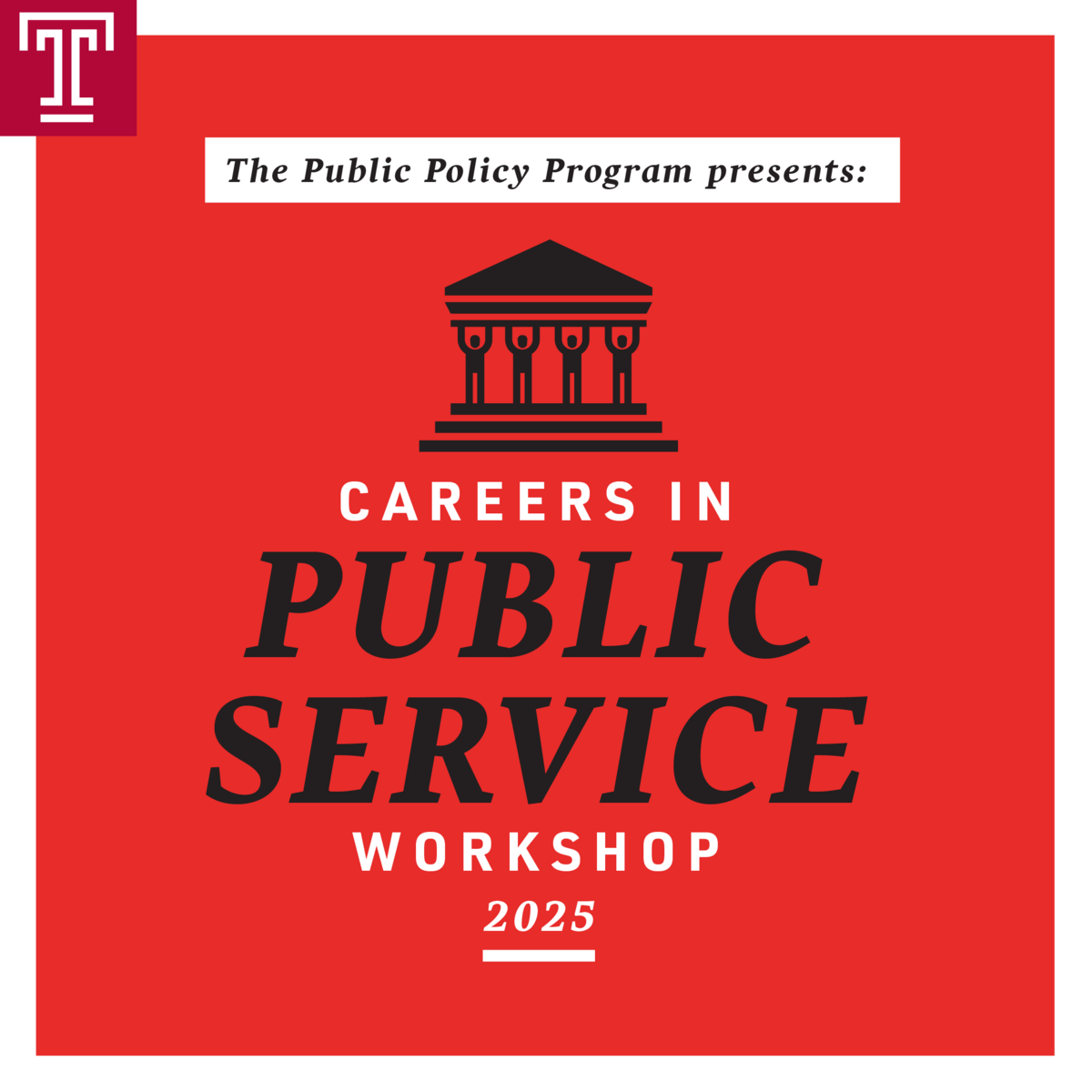 image of city hall in black with black text over a red background