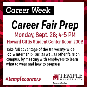 Career Fair Prep, Monday, September 28 at 4 PM in Student Center Room 200B
