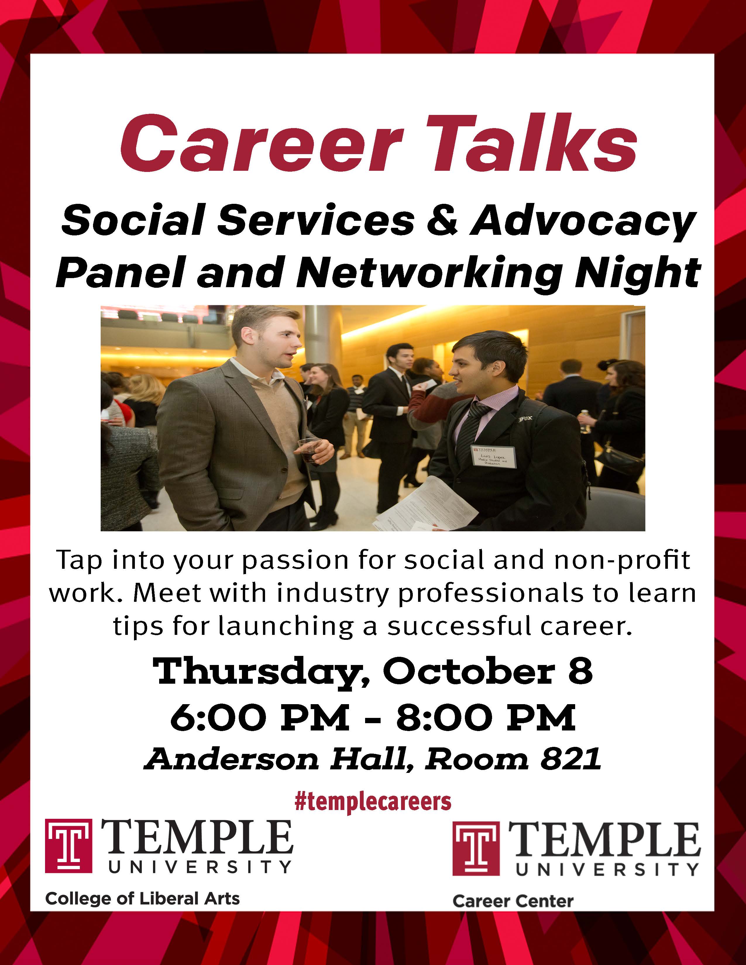 Career Talks Social Services and Advocacy Panel and Networking Night on Thursday, October 8 at 6PM in Anderson Hall 821
