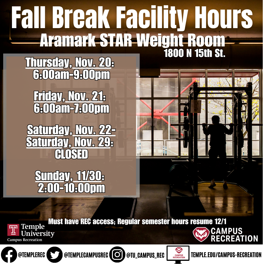 Schedule for Aramark STAR Weight Room over Fall Break