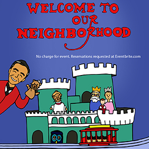 Cartoon of Fred Rogers in his neighborhood of make believe