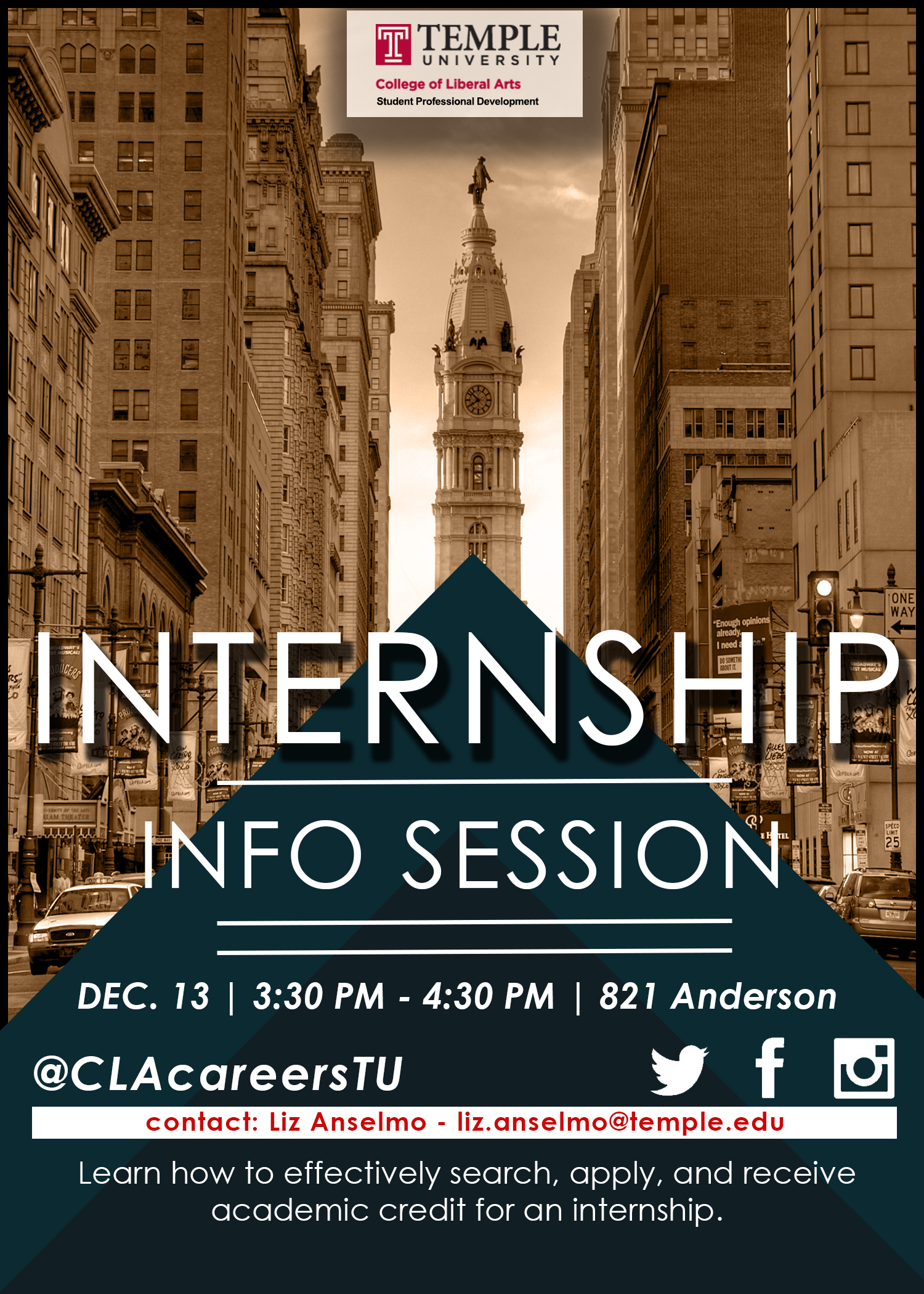 Internship Info Session set for December 13th at 3:30 PM in Anderson 821.