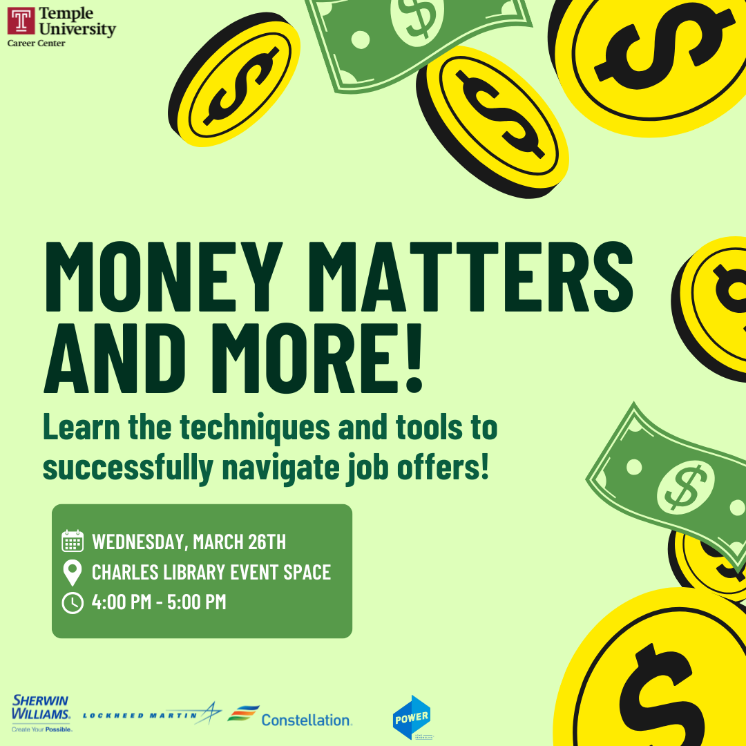 Promotional graphic for a Temple University Career Center event,