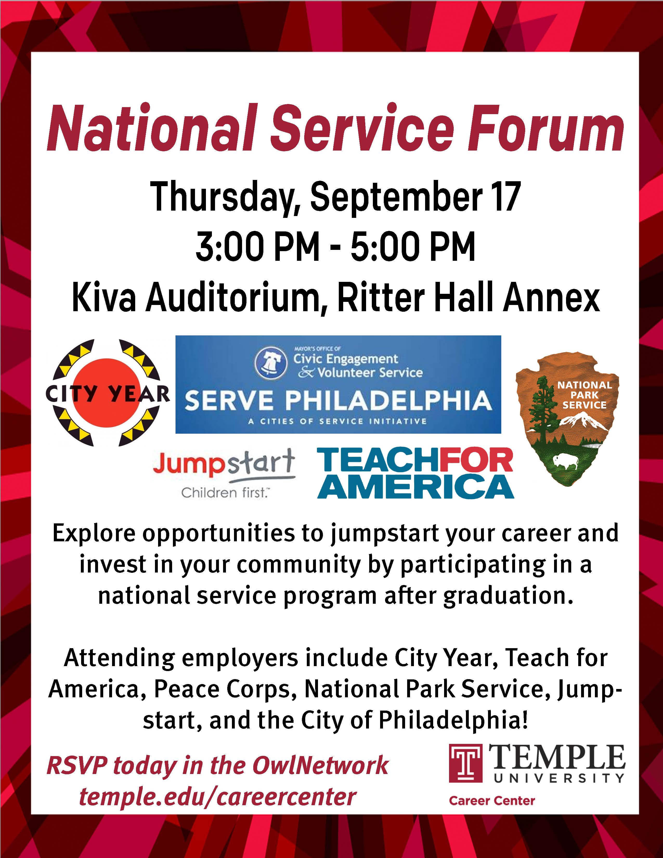 National Service Forum on Thursday, September 17 at 3PM in Kiva Auditorium for those interested in community service after graduation.