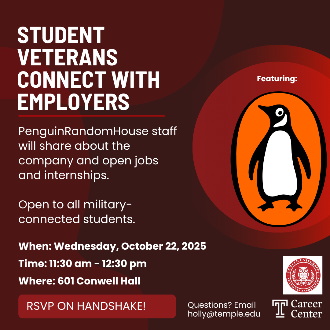 Career Chat with Penguin Random House and military-connected students on October, 22, 2025 at 11:30 am in 601 Conwell Hall