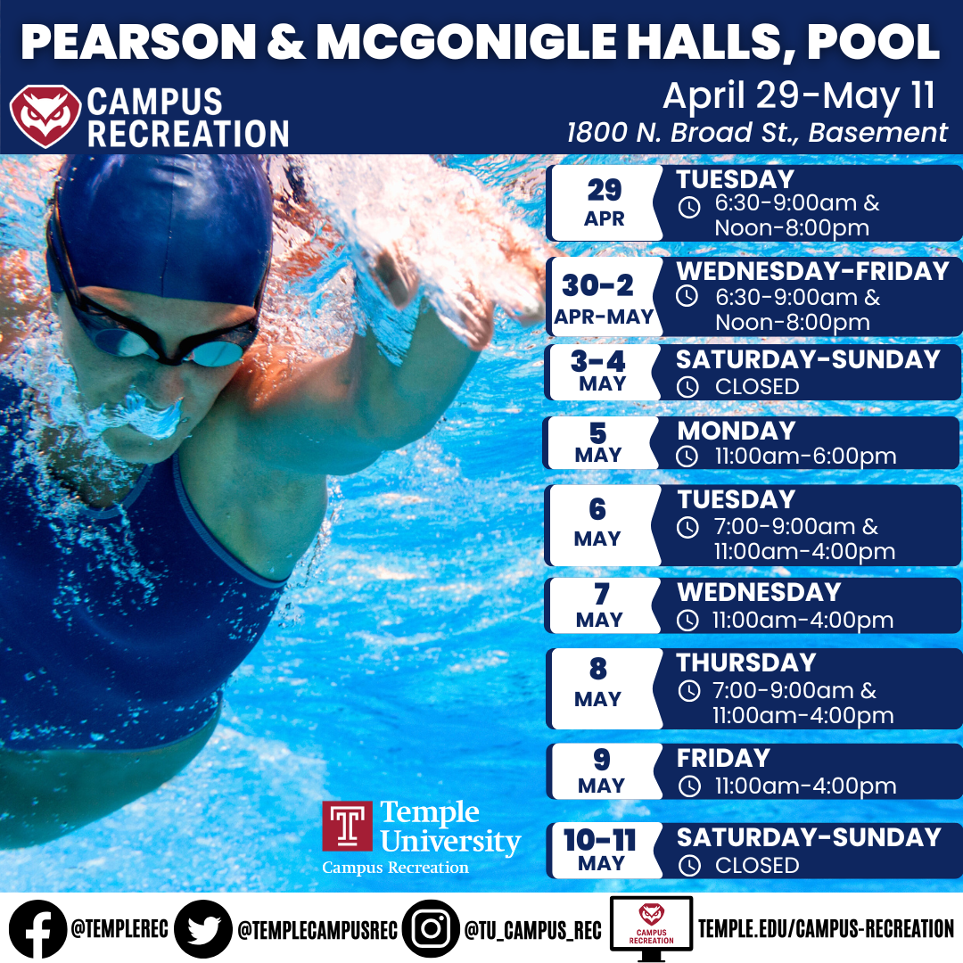 Facility schedule with person swimming.