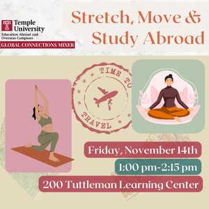 Figures doing yoga poses for the Stretch, Move, and Study Abroad event