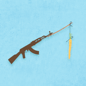 Image of AK 47 with carrot on a stick dangling off the barrel