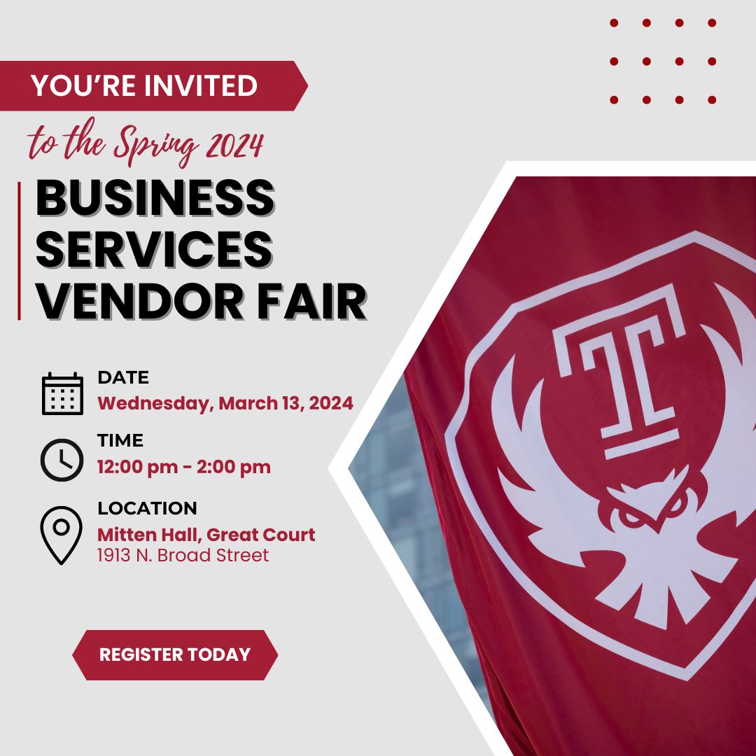 Invitation to the Spring 2024 Business Services Vendor Fair on Wednesday, March 13, 2024 from Noon to 2pm in Mitten Hall