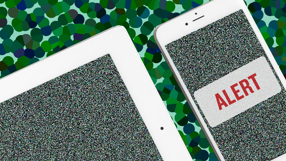 Animated graphic of devices with static backgrounds and an alert text on one.