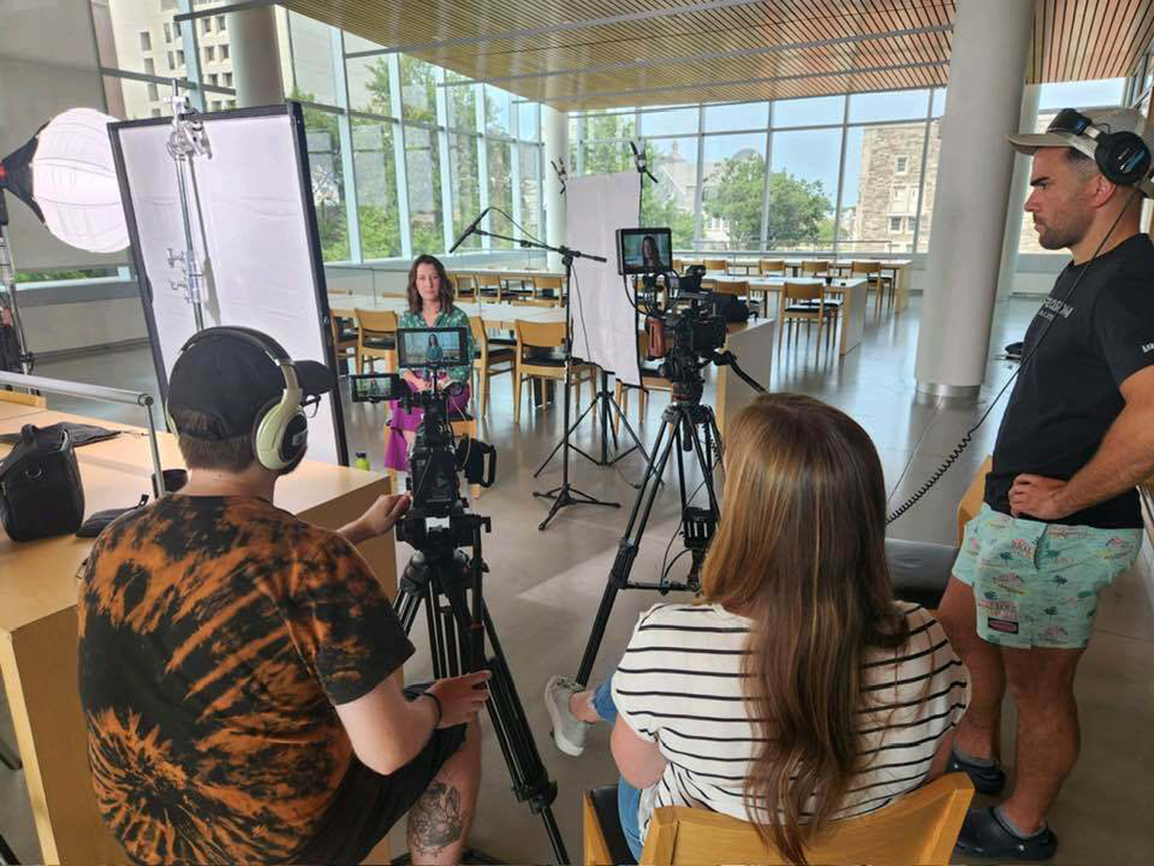 Image of filming Stacey Harpster, a Temple professor for a documentary.