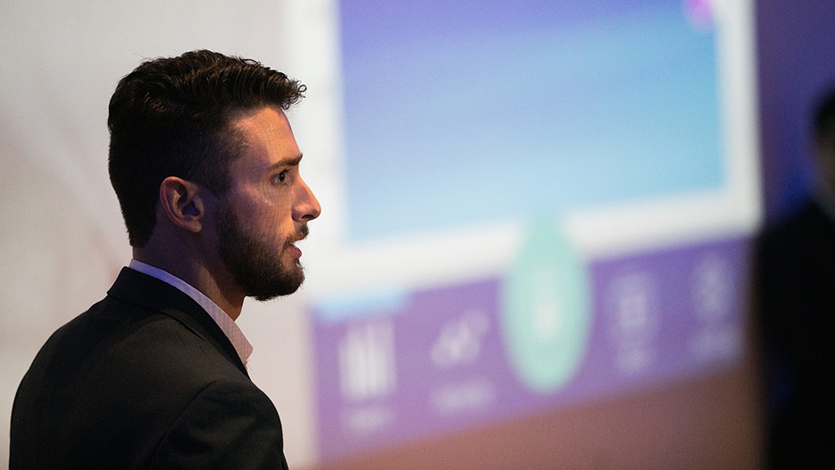 Fox student Nick Delmonico presents during the Be Your Own Boss Bowl.