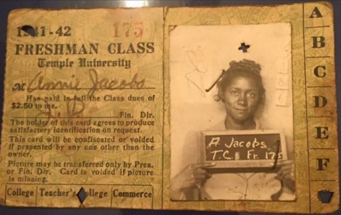 Image of Annie Jacobs Temple ID card as a first-year student, 1941 1942