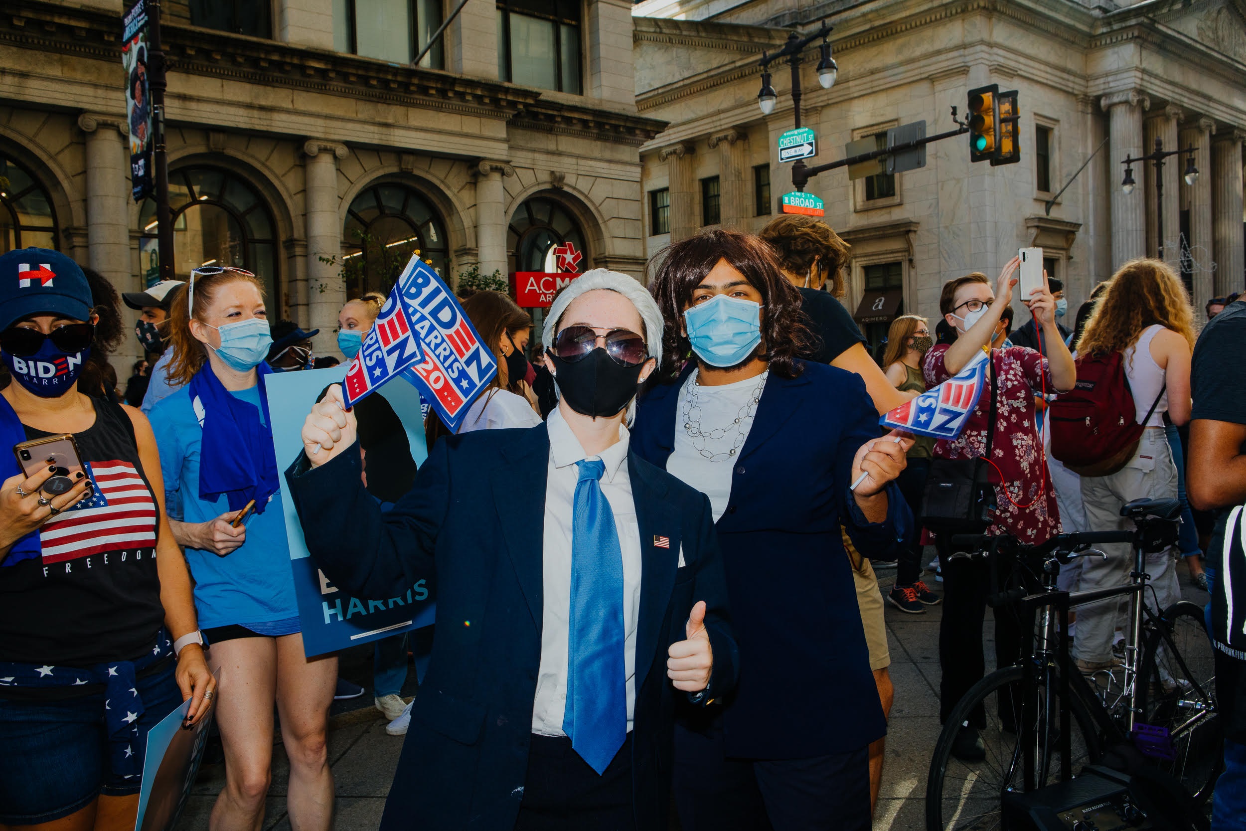 Temple students Katelyn Barbour and Justin Procope dressed as Joe Biden and Kamala Harris.
