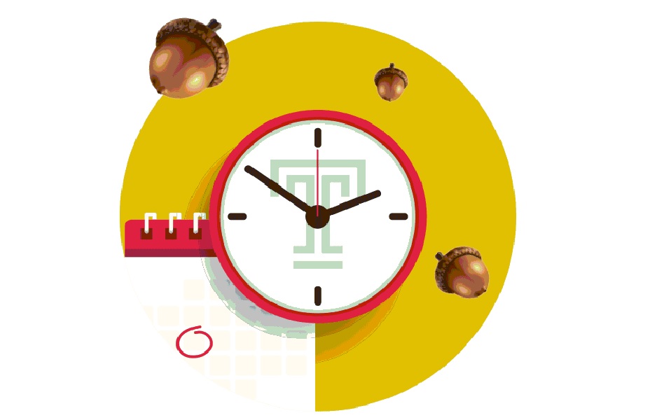 A clock with a Temple T on its face next to a calendar with floating acorns hovering above.