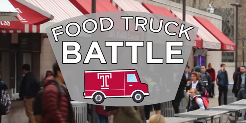The food wall on Temple s campus and a graphic that reads food truck battle .