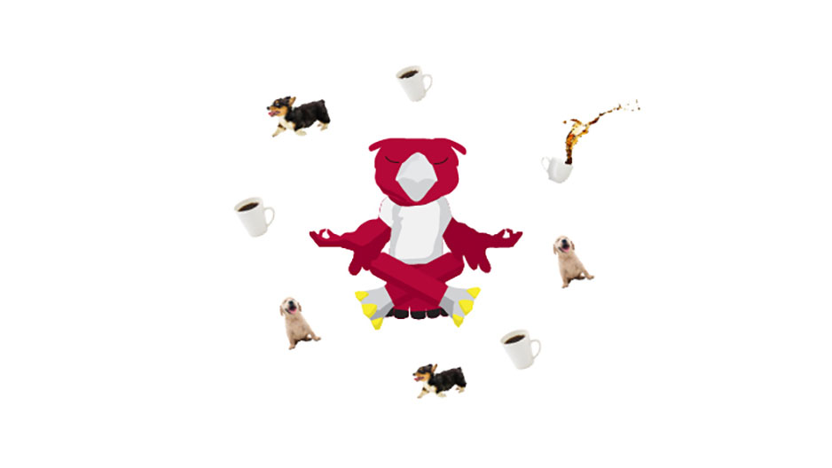 An animated GIF of Hooter meditating while cups of coffee and dogs float around his head.