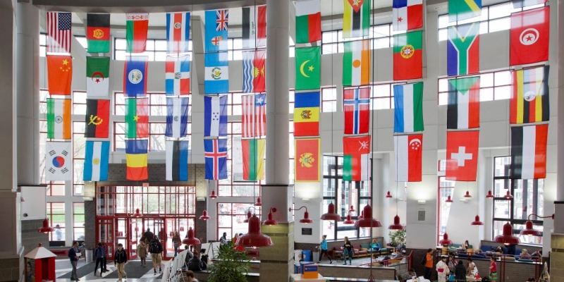 Student Center lobby with international flags