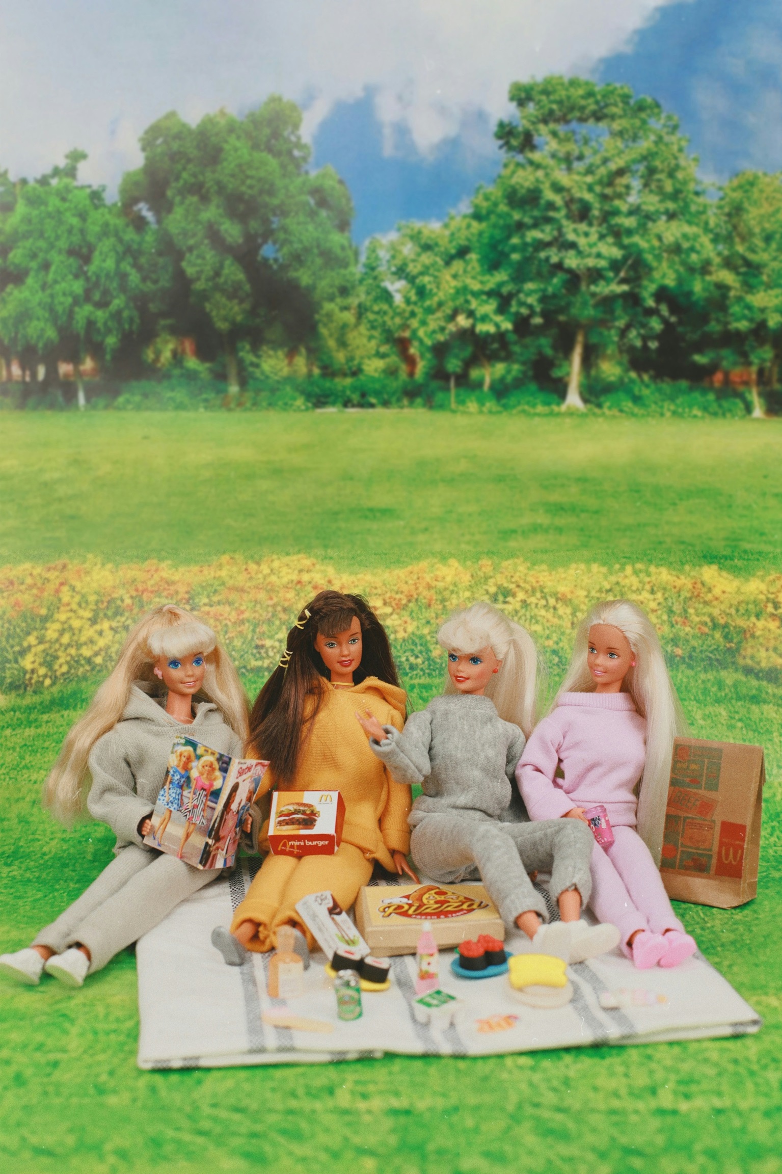 A photo of Barbie dolls having a picnic.