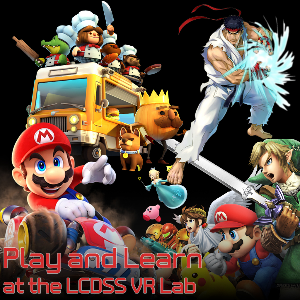 video game characters and promo for Play & Learn in the VR Lab