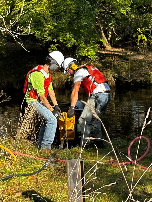 USGS Hydrologic technicians installing a streamgage (USGS-01480777) in Chester County, PA that will help monitor flood conditions.